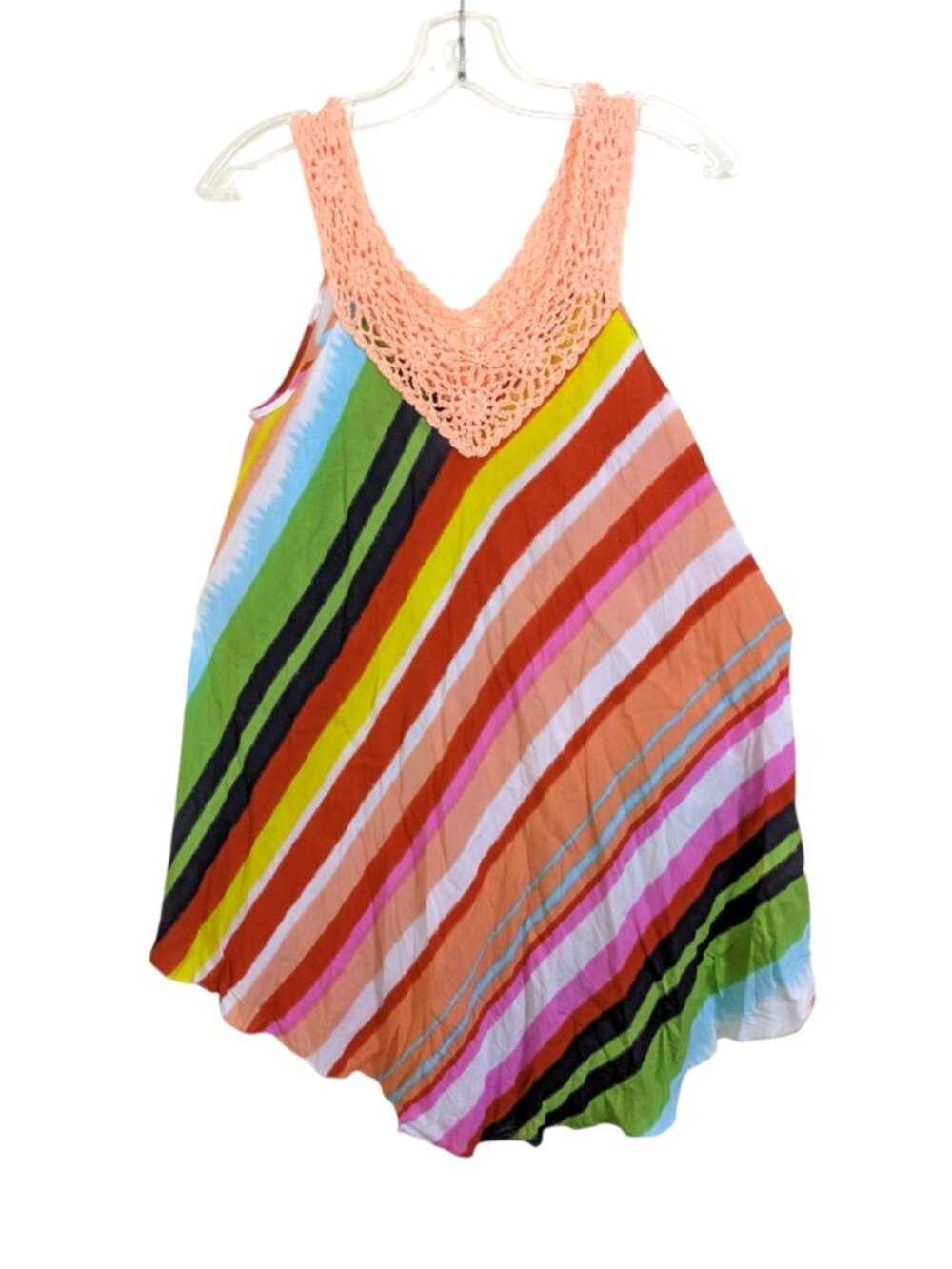 Womens Swim Swimsuit Cover Up Dress Multicolour Striped Med Crochet Neck Beach